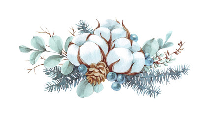 Herbal composition. Watercolor bouquet of pine twigs, cotton flowers and eucalyptus twigs. Watercolor illustration for decoration for Christmas or New year.