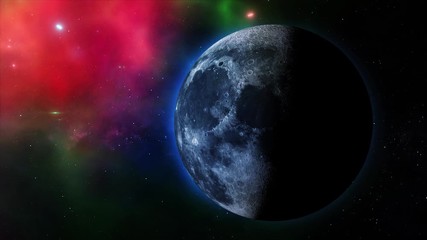 Wall Mural - moon rotates around its axis and approaching away in the colored galaxy. earth's natural satellite -