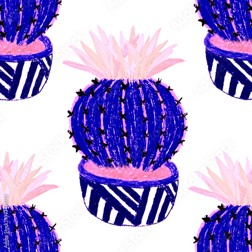 Creative seamless pattern with hand drawn cactuses in pots. Bright botanical ...