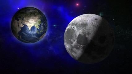 Wall Mural - blue galaxy with moon and planet earth. moon and planet earth rotating and approach in open space on