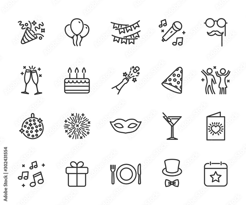 Vector set of party line icons. Contains icons of firework, cake, karaoke, masquerade, champagne and more. Pixel perfect, scalable 24, 48, 96 pixels. - obrazy, fototapety, plakaty 