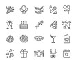 © Maksim - Vector set of party line icons. Contains icons of firework, cake, karaoke, masquerade, champagne and more. Pixel perfect, scalable 24, 48, 96 pixels.