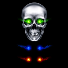 Human Metallic Skull With Green Flaming Eyes. The Concept Of Death, Horror. A Symbol Of Spooky Halloween. Isolated Object On A Black Background, Can Be Used With Any Image
