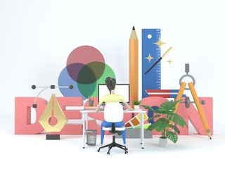 Fototapete - Girl web designer in a working environment. 3d icons and graphic design elements on a white background. Concept illustration for web page or banner. 3d rendering.