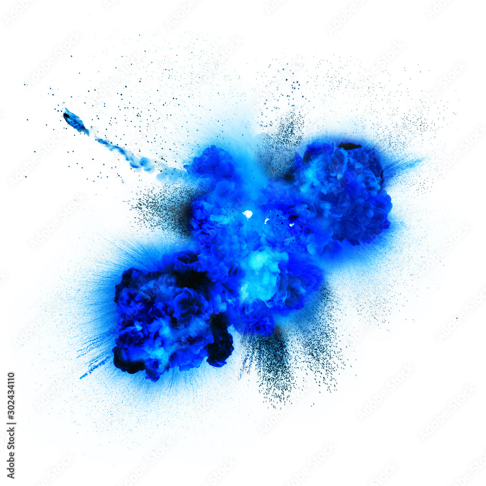 Fiery blue bomb explosion with sparks isolated on white background ...