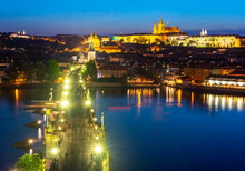 Prague Cityscape With Charles Bridge, Vltava River And Prague Castle At Night, Czech Republic