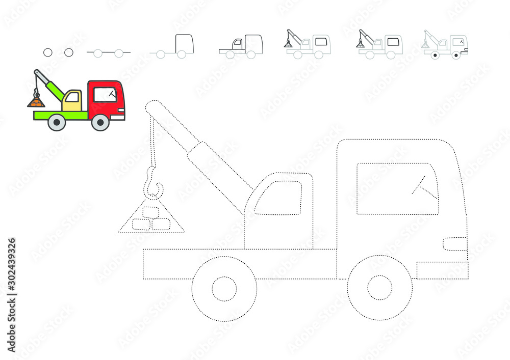 Coloring book for children. Drawing tutorial. How to draw a car. Crane
