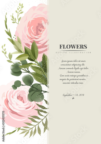 Flowers. Greeting card with roses , can be used as invitation card for weddin...