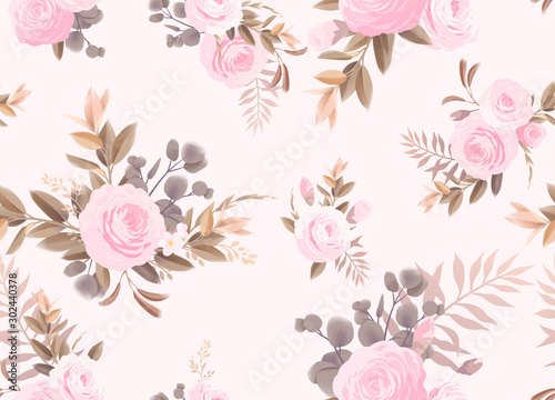 Seamless floral pattern with flowers on light background. Engraving style. Te...