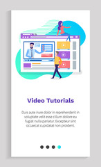 Poster - Video tutorials, man and woman characters studying, online learning, interface of screen with play icon, distance communication, technology vector. Website slider app template, landing page flat style