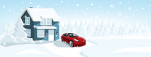 Electric Car With A Connected Charging Cable Near A Winter House. Vector Illustration