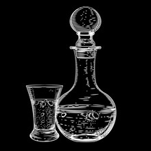 Vector Image Of A Decanter Of Vodka And A Glass Of Vodka On A Black Background. Alcoholic Beverages.