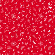 Red Christmas Pattern. Vector Seamless Pattern For Christmas Holiday Gift Wrapping. Seamless Wrapping Paper With Floral Elements On Red Background. Winter Background.