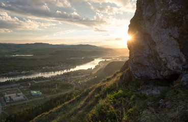 Valley of the Katun river at sunset the view from the top hill