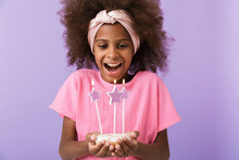 Positive Young African Girl Kid Holding Birthday Cake.