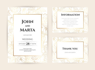 Wedding Invitation with Gold Flowers. background with geometric golden frame. Cover design with an ornament of golden leaves.Trendy templates for banner, flyer, poster, greeting. eps10