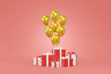 Poster - Festive gift box presentation, balloon red background. Advertising store sale. Concept black friday, christmas, new year. 3D rendering