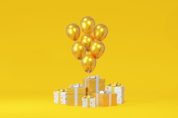 Poster - Festive gift box presentation, balloon yellow background. Advertising store sale. Concept black friday, christmas, new year. 3D rendering