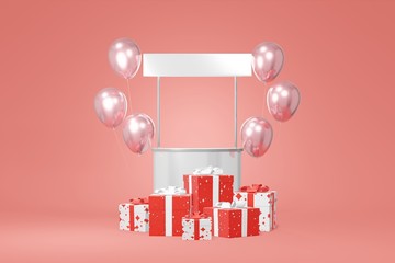 Poster - Festive booth promotion stock white gift box mockup, balloon red background. Advertising store sale. Concept black friday, christmas, new year. 3D rendering