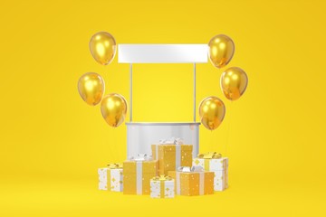 Poster - Festive booth promotion stock white gift box mockup, gold balloon yellow background. Advertising store sale. Concept black friday, christmas, new year. 3D rendering