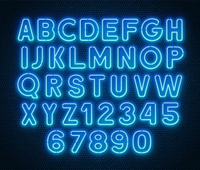 Aufkleber - Neon rounded blue font, glowing alphabet with numbers. on a dark background.