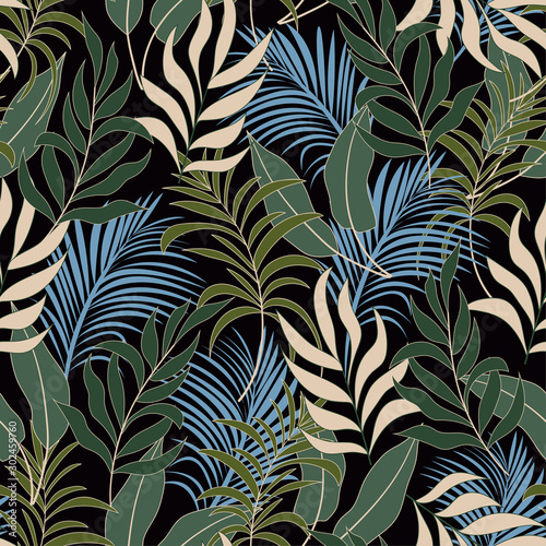 Materiał do szycia Summer tropical seamless background with bright green and blue plants and leaves on black background. Seamless pattern with colorful leaves and plants.Exotic wallpaper.