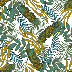  Fashionable seamless tropical pattern with bright blue and yellow plants and leaves on delicate background. Exotic wallpaper. Seamless pattern with colorful leaves and plants. Vintage pattern.