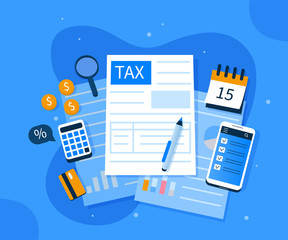 Poster - office desk with documents for tax calculation. finance report with graph charts. calendar show tax 