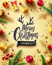 Merry Christmas And Happy New Years Golden Poster With Golden Gift Box,ribbon And Christmas Decoration Elements For Retail,Shopping Or Christmas Promotion In Golden Style.Vector Illustration EPS 10