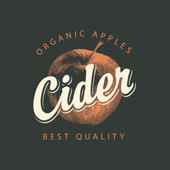 Wall Mural - vector label for apple cider with a realistic image of an apple and calligraphic inscription on a bl