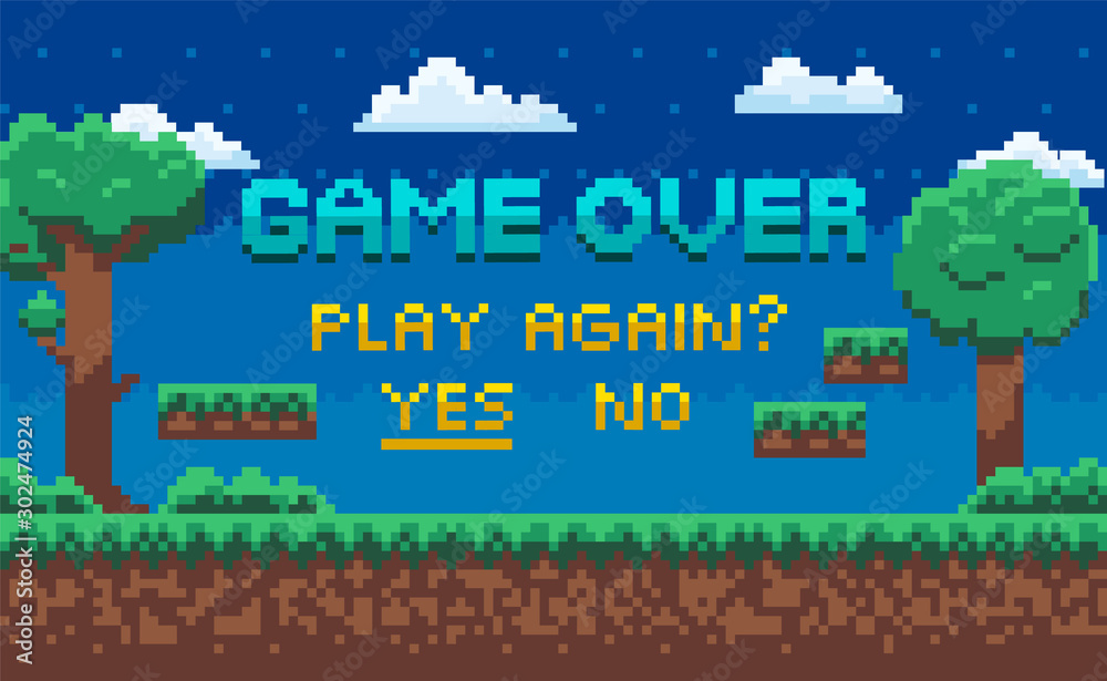 Game over screen vector, landscape with pixel graphics of 8 bit game ...