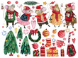 Set of watercolor hand drawn christmas elements for making cards, wrapping paper and scrapbooking. New Year's mice, Christmas trees, stars, hearts, candies and snowflakes for your own design. 