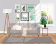 Sunlit room with furniture. Vector apartment background.