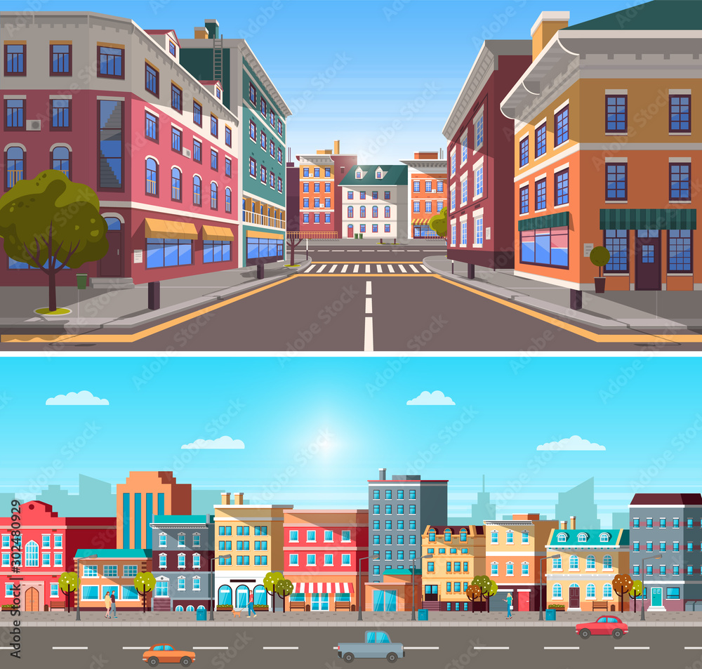City street with buildings and infrastructure vector. Homes and houses ...