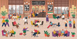 © robu_s - Coffeehouse with People, Coffee Shop Service. Barista and Waitress Working in Cafe. Customers Playing Games and Working Online. Friends Having Fun at Bistro, Drinking and Talking Vector in Flat Style