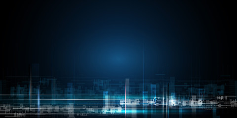 Vector illustration urban architecture, cityscape with space and neon light effect. Modern hi-tech, science, futuristic technology concept. Abstract digital high tech city design for banner background