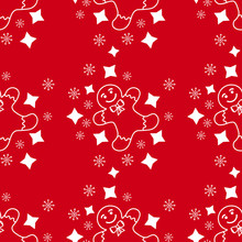 Christmas Or New Year Seamless Pattern Background. Holiday Xmas Repeat Texture. Festive Seasonal Endless Print With Gingerbread Man, Stars, Snowflakes. Vector EPS10 Illustration.