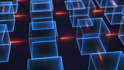 Poster - Connection structure of many neon cubes. Computer generated abstract isometric background, 3d rendering