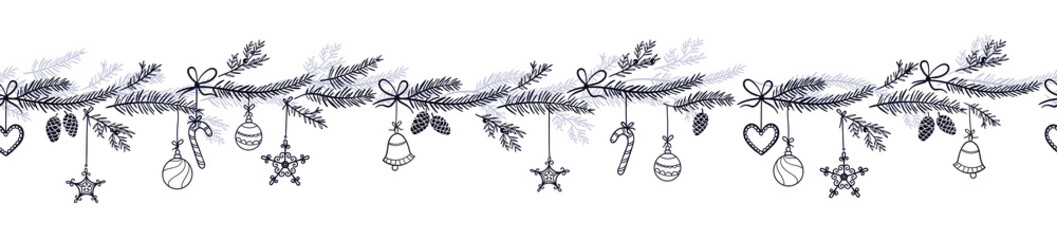 Wall Mural - Cute hand drawn horizontal seamless pattern with fir branches and hanging decoration, great for christmas banners, wallpapers, wrapping, textiles - vector design