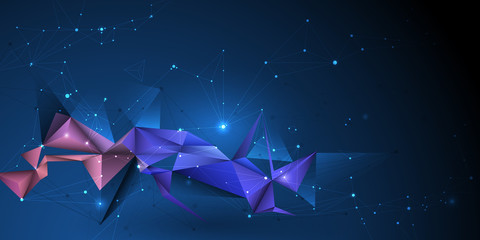 Vector 3D Illustration Geometric, Polygon, Line,Triangle pattern shape with molecule structure. Polygonal with blue purple, yellow background. Abstract science, futuristic, network connection concept