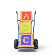 Poster - 3d rendering of colorful alphabet toy blocks showing 'ABC' sign on a hand truck