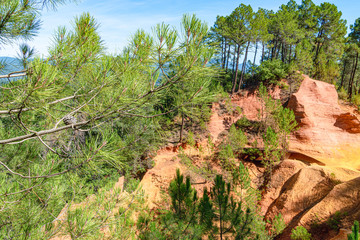 Wall Mural - Roussillon, red rocks colorful ochre canyon in Provence