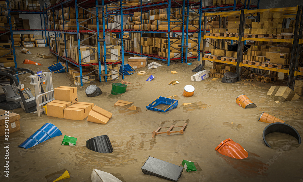 interior of a warehouse full of goods damaged by a flood of water and mud. - obrazy, fototapety, plakaty 