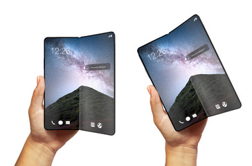 Woman hand holding Smartphone blank screen with fold feature - modern construction, future of modern smartphones or tablets, wallpaper with galaxy, milky way in mountains