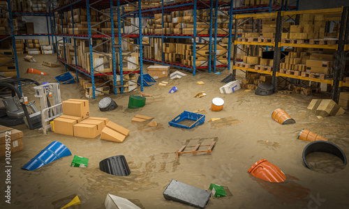Fotografía interior of a warehouse full of goods damaged by a flood of water and mud