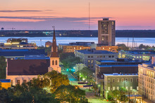 Charleston, South Carolina, USA Twilight Cityscape View Over Calhoun Street.