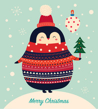 Vector Christmas Cartoon Illustration Of Cute Penguins With Sweater