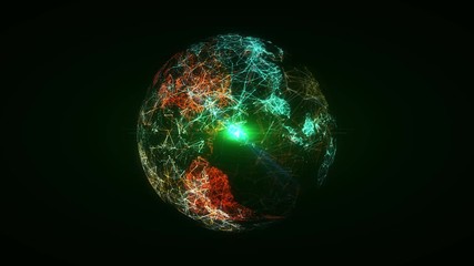Wall Mural - plexus of abstract green lines with moving triangles and dots. sunrise skyline. rotating animation. 