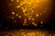 Golden Abstract Bokeh On Black Background. Holiday Concept.
