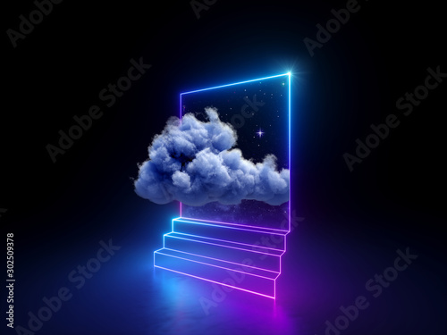 3d cloud going through square window isolated on black background. Starry nig...